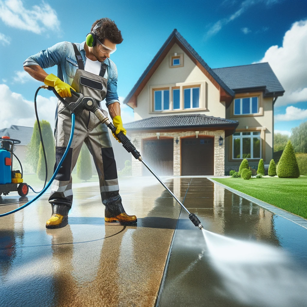 man performing driveway pressure washing spring hill fl
